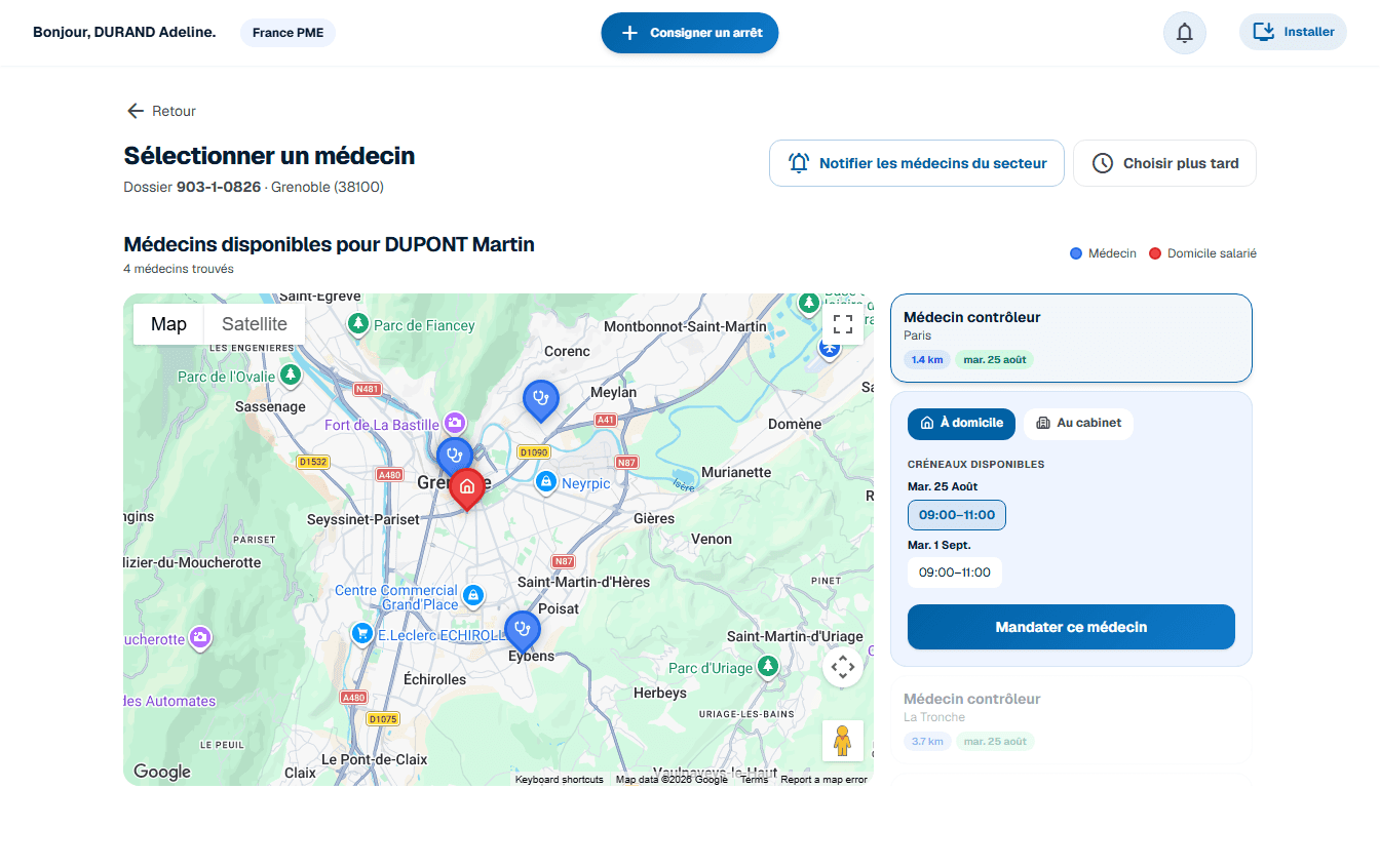 Écran MandaPro : la carte des médecins disponibles autour du salarié, un créneau choisi, prêt à mandater